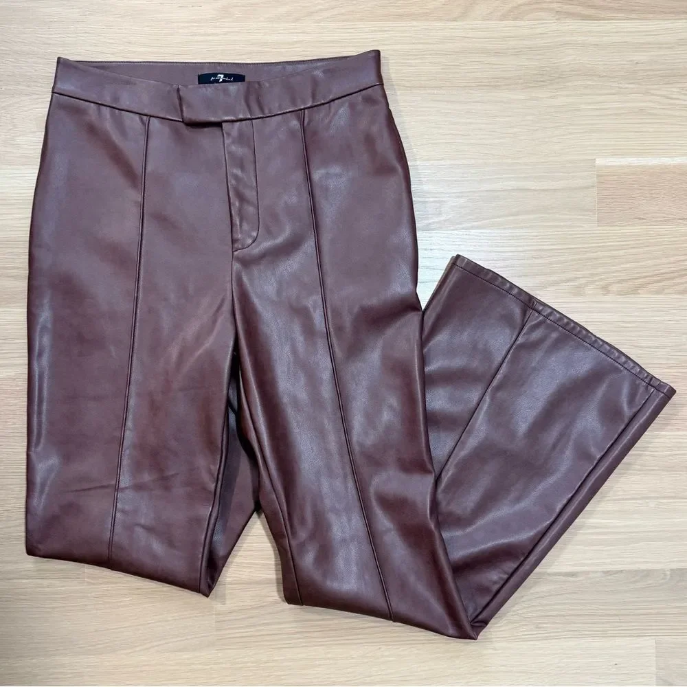 7 FOR ALL MANKIND Vegan Faux Leather Front Seam Flare Bootcut Pants Brown Med